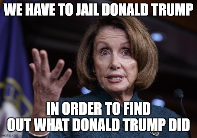 Good old Nancy Pelosi | WE HAVE TO JAIL DONALD TRUMP IN ORDER TO FIND OUT WHAT DONALD TRUMP DID | image tagged in good old nancy pelosi | made w/ Imgflip meme maker