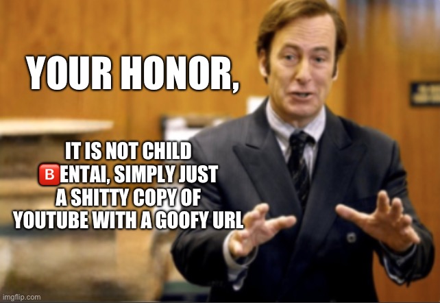 Free bro he ain’t did nun | YOUR HONOR, IT IS NOT CHILD 🅱️ENTAI, SIMPLY JUST A SHITTY COPY OF YOUTUBE WITH A GOOFY URL | image tagged in saul goodman defending | made w/ Imgflip meme maker