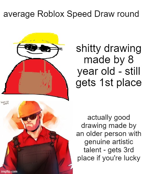 Drake Hotline Bling | average Roblox Speed Draw round; shitty drawing made by 8 year old - still gets 1st place; actually good drawing made by an older person with genuine artistic talent - gets 3rd place if you're lucky | image tagged in memes,drake hotline bling | made w/ Imgflip meme maker