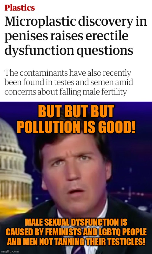 BUT BUT BUT POLLUTION IS GOOD! MALE SEXUAL DYSFUNCTION IS CAUSED BY FEMINISTS AND LGBTQ PEOPLE AND MEN NOT TANNING THEIR TESTICLES! | image tagged in confused tucker carlson,pollution,toxic masculinity,maga sexual pathology | made w/ Imgflip meme maker