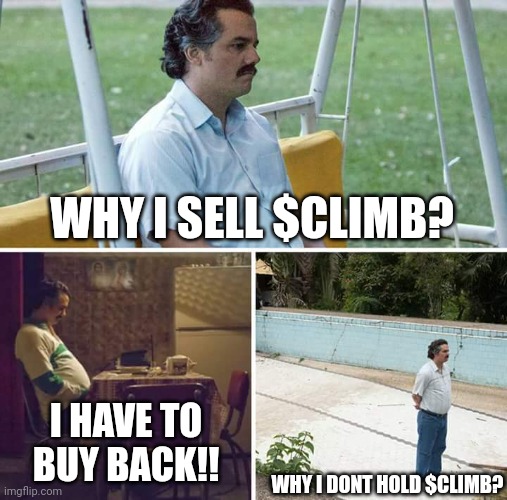 Sad Pablo Escobar | WHY I SELL $CLIMB? I HAVE TO BUY BACK!! WHY I DONT HOLD $CLIMB? | image tagged in memes,sad pablo escobar | made w/ Imgflip meme maker
