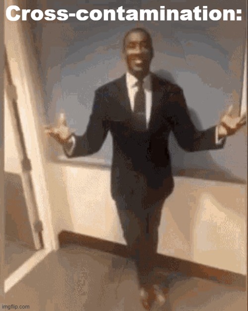 smiling black guy in suit | Cross-contamination: | image tagged in smiling black guy in suit | made w/ Imgflip meme maker