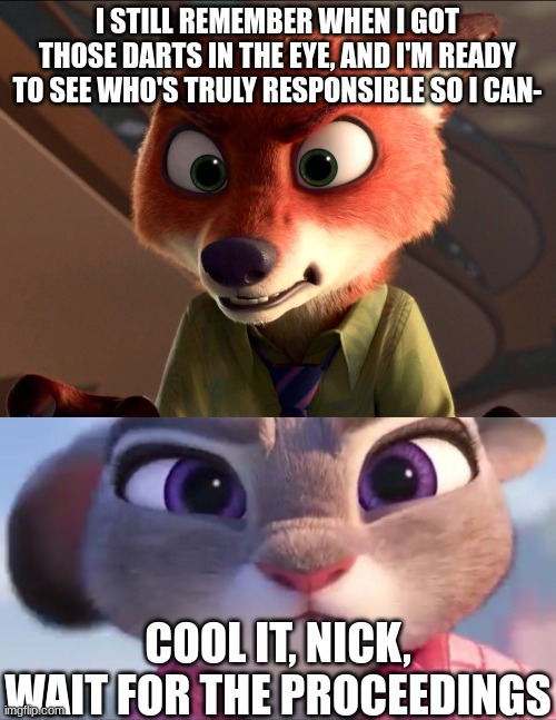 I STILL REMEMBER WHEN I GOT THOSE DARTS IN THE EYE, AND I'M READY TO SEE WHO'S TRULY RESPONSIBLE SO I CAN- COOL IT, NICK, WAIT FOR THE PROCE | image tagged in nick wilde angry,judy hopps determined | made w/ Imgflip meme maker