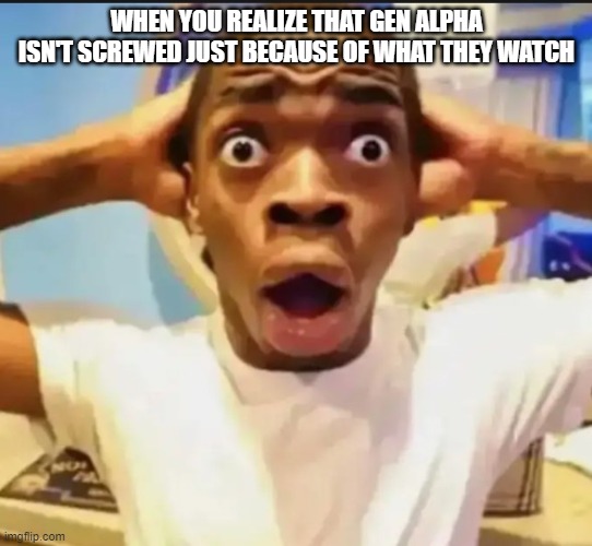 I don't understand all the hate... | WHEN YOU REALIZE THAT GEN ALPHA ISN'T SCREWED JUST BECAUSE OF WHAT THEY WATCH | image tagged in surprised black guy | made w/ Imgflip meme maker