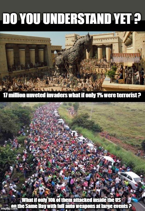 Dem's like the What If game.. | DO YOU UNDERSTAND YET ? 17 million unveted invaders what if only 1% were terrorist ? What if only 10k of them attacked inside the US on the Same Day with full auto weapons at large events ? | image tagged in mahathir trojan horse | made w/ Imgflip meme maker