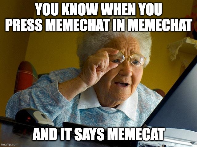 Grandma Finds The Internet Meme | YOU KNOW WHEN YOU PRESS MEMECHAT IN MEMECHAT; AND IT SAYS MEMECAT | image tagged in memes,grandma finds the internet | made w/ Imgflip meme maker