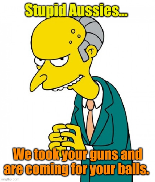 Monty Burns | Stupid Aussies... We took your guns and are coming for your balls. | image tagged in monty burns | made w/ Imgflip meme maker