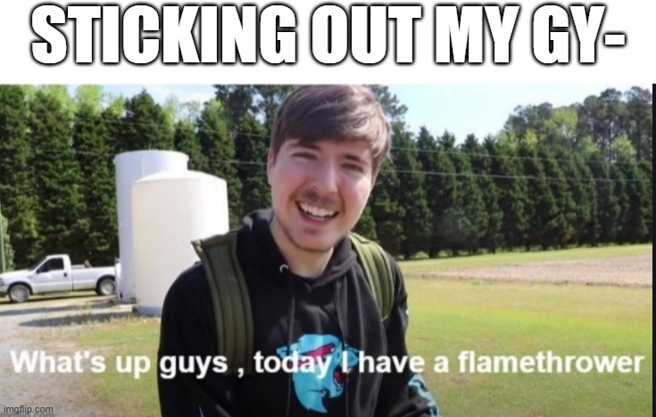 What's up guys, today I have a flamethrower | STICKING OUT MY GY- | image tagged in what's up guys today i have a flamethrower | made w/ Imgflip meme maker