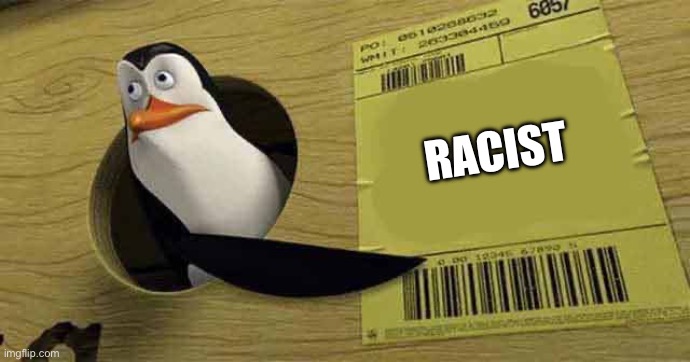 Penguin pointing at sign | RACIST | image tagged in penguin pointing at sign | made w/ Imgflip meme maker