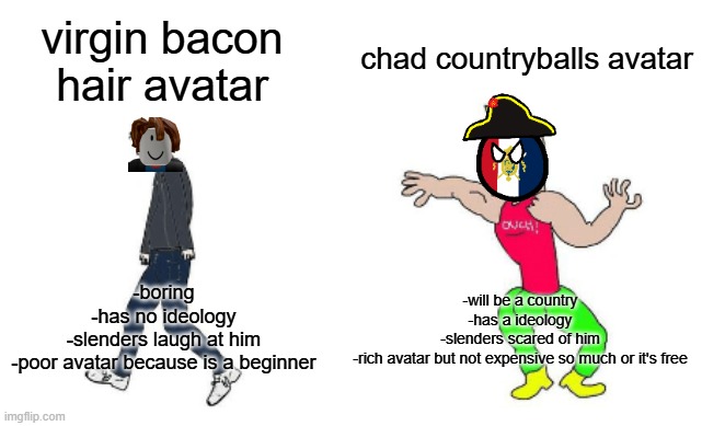 virgin bacon hair avatar vs chad countryballs avatar | chad countryballs avatar; virgin bacon hair avatar; -will be a country
-has a ideology
-slenders scared of him
-rich avatar but not expensive so much or it's free; -boring
-has no ideology
-slenders laugh at him
-poor avatar because is a beginner | image tagged in virgin vs chad,countryballs,bacon hair,bacon,hair,roblox | made w/ Imgflip meme maker