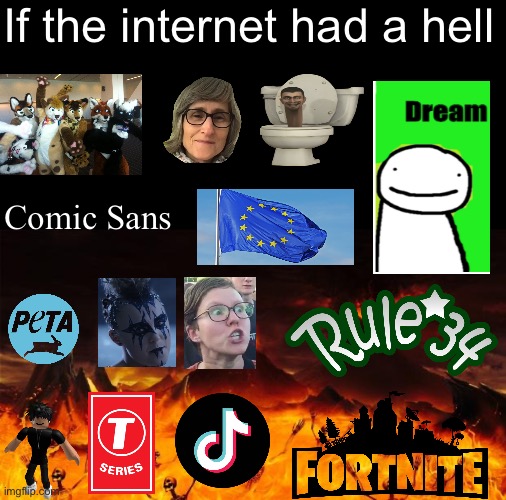 This meme was made on my phone, so I couldn’t type comic sans | If the internet had a hell; Comic Sans | image tagged in slender,skibidi toilet,peta,dream,that vegan teacher,rule 34 | made w/ Imgflip meme maker