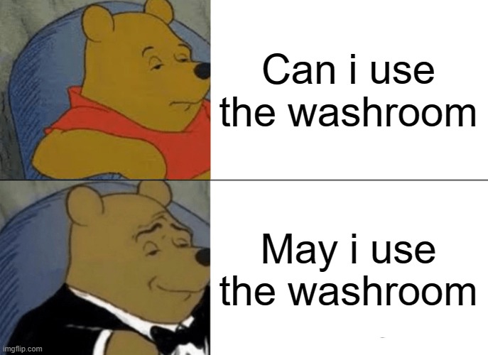 Tuxedo Winnie The Pooh Meme | Can i use the washroom; May i use the washroom | image tagged in memes,tuxedo winnie the pooh | made w/ Imgflip meme maker