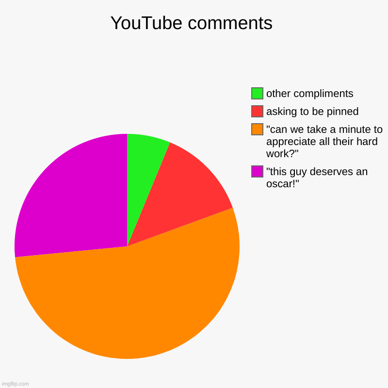 YouTube comments | "this guy deserves an oscar!", "can we take a minute to appreciate all their hard work?", asking to be pinned, other comp | image tagged in charts,pie charts | made w/ Imgflip chart maker