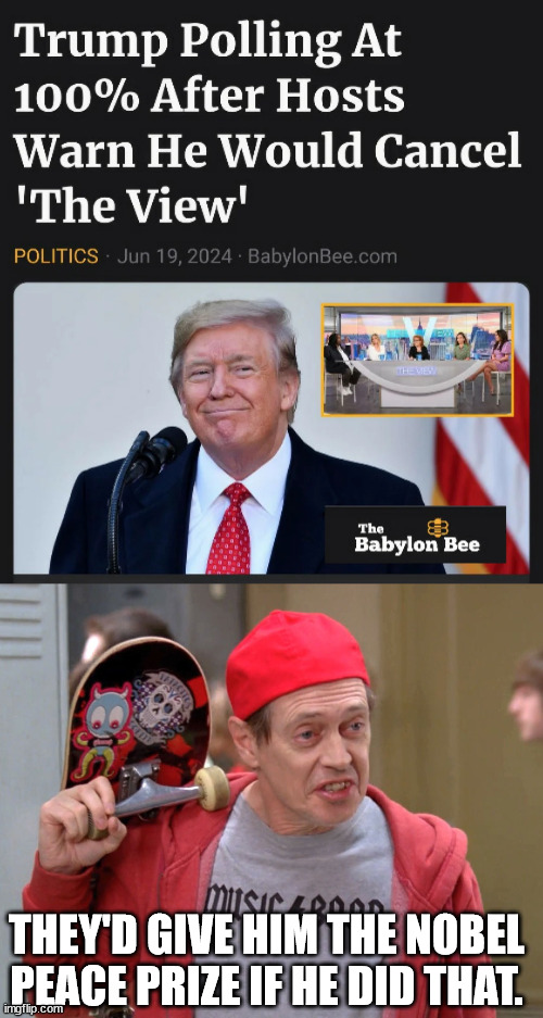 That's worth the peace prize... So great of them to suggest the idea. | THEY'D GIVE HIM THE NOBEL PEACE PRIZE IF HE DID THAT. | image tagged in steve buscemi fellow kids,cancel view,what a great idea,thanks joy | made w/ Imgflip meme maker
