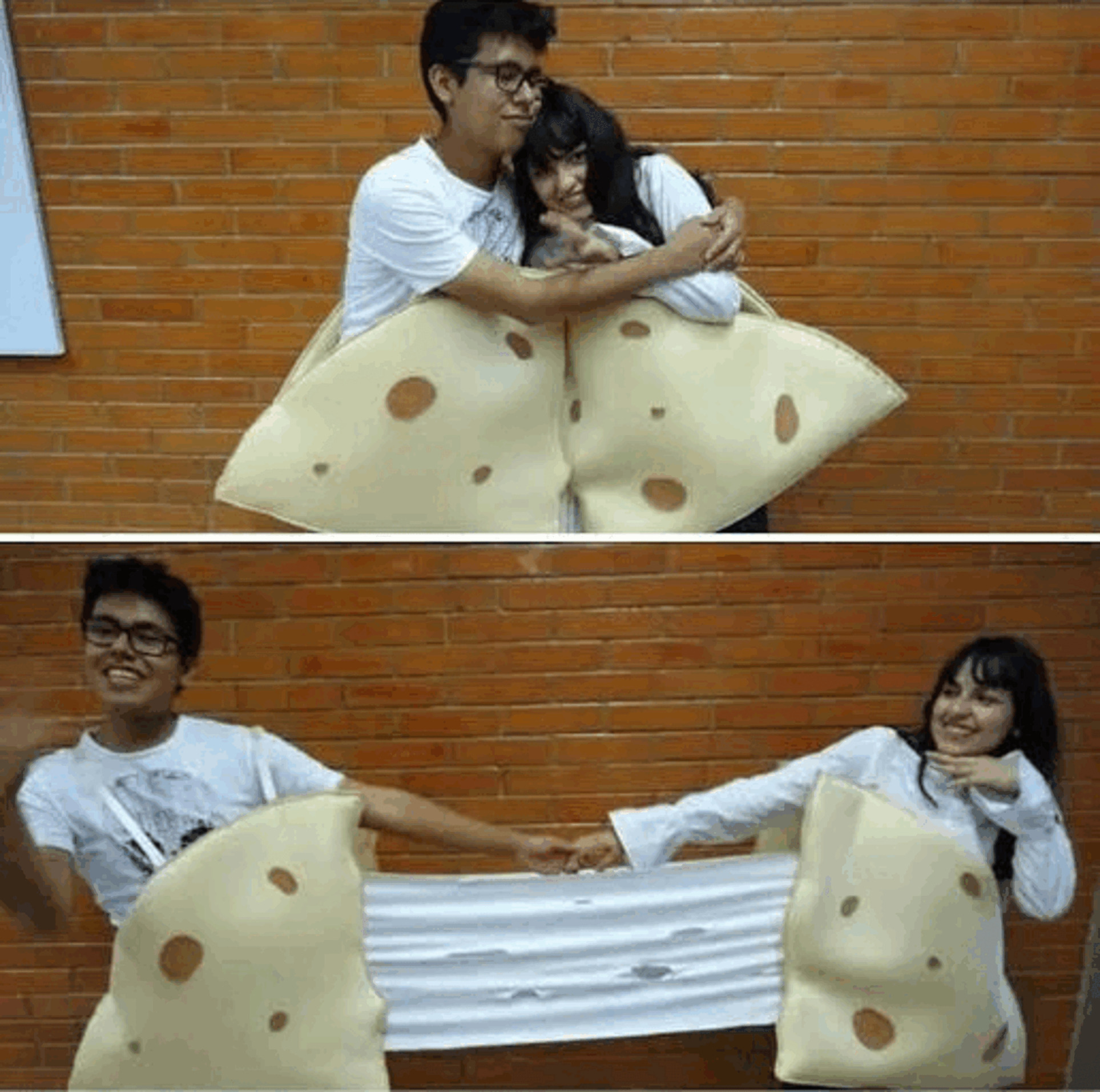 Pareja disfrazada de quesadilla con hebra de queso oaxaca Blank Meme Template