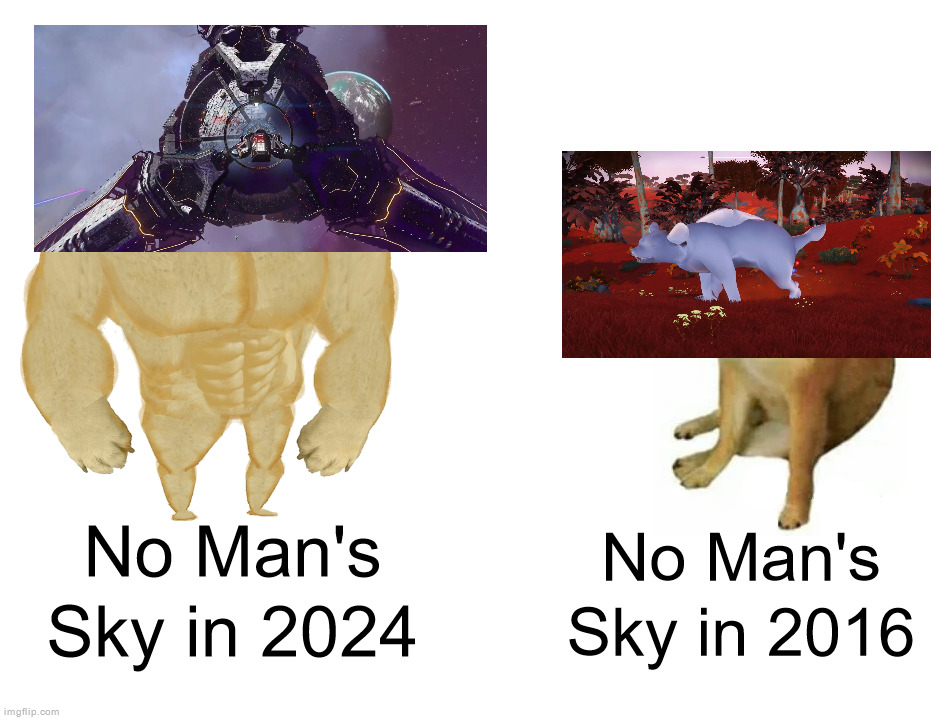 Buff Doge vs. Cheems | No Man's Sky in 2024; No Man's Sky in 2016 | image tagged in memes,buff doge vs cheems | made w/ Imgflip meme maker