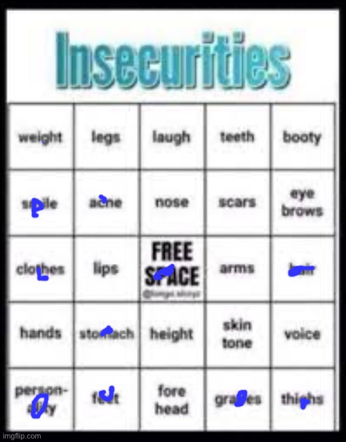insecurities bingo | image tagged in insecurities bingo | made w/ Imgflip meme maker