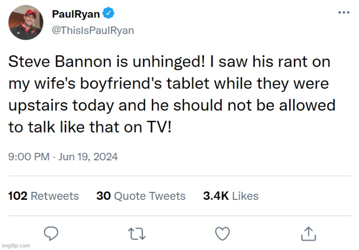 Paul Ryan Twitter post about Steve Bannon | image tagged in steve bannon,paul ryan,twitter,x,make america great again,maga | made w/ Imgflip meme maker