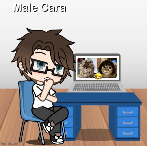 Male Cara is watching cat videos. | image tagged in pop up school 2,pus2,male cara,cats,youtube | made w/ Imgflip meme maker