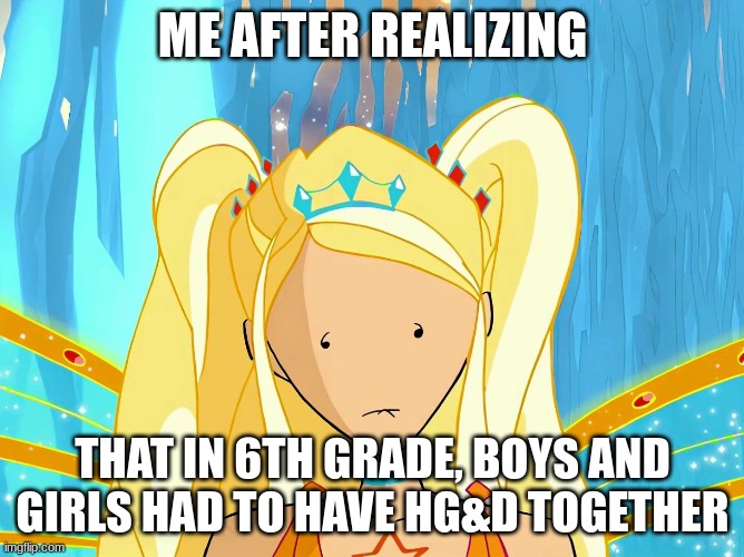 Winx Club Stella Blank Expression | ME AFTER REALIZING; THAT IN 6TH GRADE, BOYS AND GIRLS HAD TO HAVE HG&D TOGETHER | image tagged in winx club stella blank expression | made w/ Imgflip meme maker