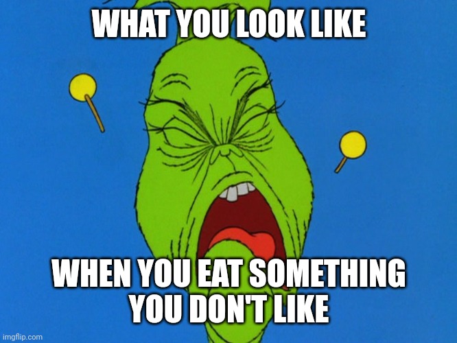How bad you look when food tastes bad | WHAT YOU LOOK LIKE; WHEN YOU EAT SOMETHING
YOU DON'T LIKE | image tagged in cry,the grinch,frowning,facial expression,yucky,food | made w/ Imgflip meme maker