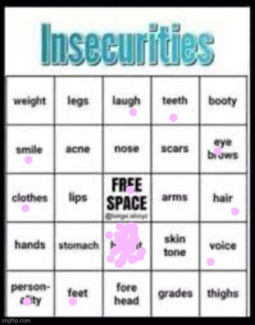 I have a disability that makes me grow not as much or slower. No physical deformations except my height. I’m 4’10 at 15. | image tagged in insecurities bingo | made w/ Imgflip meme maker