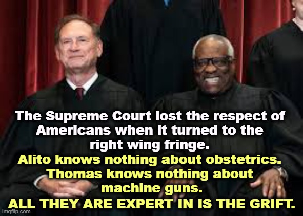 Alito & Thomas | The Supreme Court lost the respect of 
Americans when it turned to the 
right wing fringe. Alito knows nothing about obstetrics. 
Thomas knows nothing about 
machine guns. ALL THEY ARE EXPERT IN IS THE GRIFT. | image tagged in alito thomas,supreme court,radical,extreme,right wing,grift | made w/ Imgflip meme maker