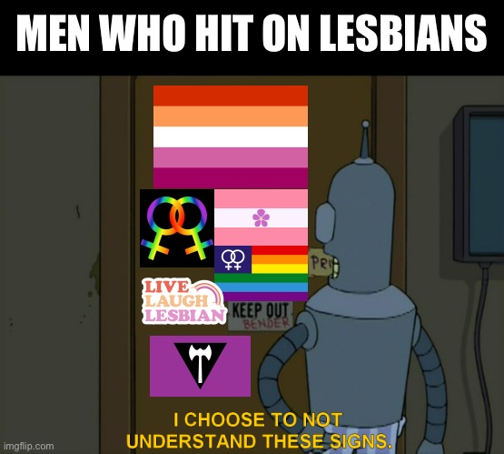 Men who hit on lesbians | MEN WHO HIT ON LESBIANS | image tagged in i choose to not understand these signs,futurama,bender,lgbtq,lesbian,lesbians | made w/ Imgflip meme maker