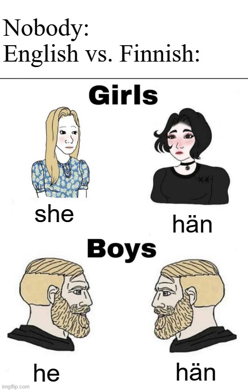 Girls and boys conversation | Nobody:
English vs. Finnish:; she; hän; he; hän | image tagged in girls and boys conversation | made w/ Imgflip meme maker