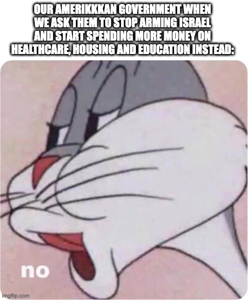 Bugs Bunny Meme About Our Government Wasting Our Money On Forever Wars and Enjoying It | OUR AMERIKKKAN GOVERNMENT WHEN WE ASK THEM TO STOP ARMING ISRAEL AND START SPENDING MORE MONEY ON HEALTHCARE, HOUSING AND EDUCATION INSTEAD: | image tagged in bugs bunny no | made w/ Imgflip meme maker