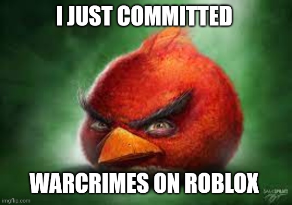 Realistic Red Angry Birds | I JUST COMMITTED; WARCRIMES ON ROBLOX | image tagged in realistic red angry birds,roblox,warcrimes | made w/ Imgflip meme maker