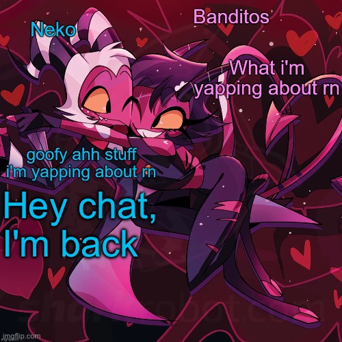 Neko and Banditos shared announcement | Hey chat, I'm back | image tagged in neko and banditos shared temp | made w/ Imgflip meme maker