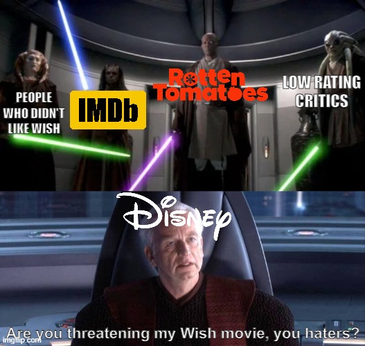 Are you threatening my Wish movie, haters? | LOW RATING CRITICS; PEOPLE WHO DIDN'T LIKE WISH; Are you threatening my Wish movie, you haters? | image tagged in are you threatening me,disney,star wars | made w/ Imgflip meme maker