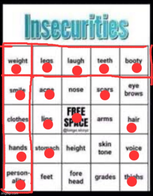 insecurities bingo | image tagged in insecurities bingo | made w/ Imgflip meme maker