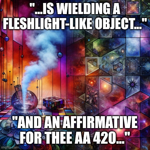 Smoke and Mirrors ~~~ Blocks and Chains | "...IS WIELDING A FLESHLIGHT-LIKE OBJECT..."; "AND AN AFFIRMATIVE FOR THEE AA 420..." | image tagged in smoke and mirrors blocks and chains | made w/ Imgflip meme maker
