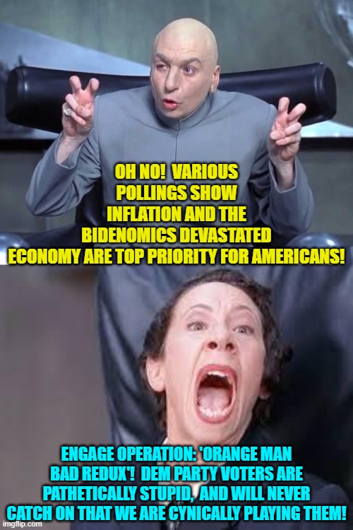 So citizen . . . are you STILL a Dem Party voter?  If so then . . . pathetic. | OH NO!  VARIOUS POLLINGS SHOW INFLATION AND THE BIDENOMICS DEVASTATED ECONOMY ARE TOP PRIORITY FOR AMERICANS! ENGAGE OPERATION: 'ORANGE MAN BAD REDUX'!  DEM PARTY VOTERS ARE PATHETICALLY STUPID,  AND WILL NEVER CATCH ON THAT WE ARE CYNICALLY PLAYING THEM! | image tagged in dr evil air quotes | made w/ Imgflip meme maker