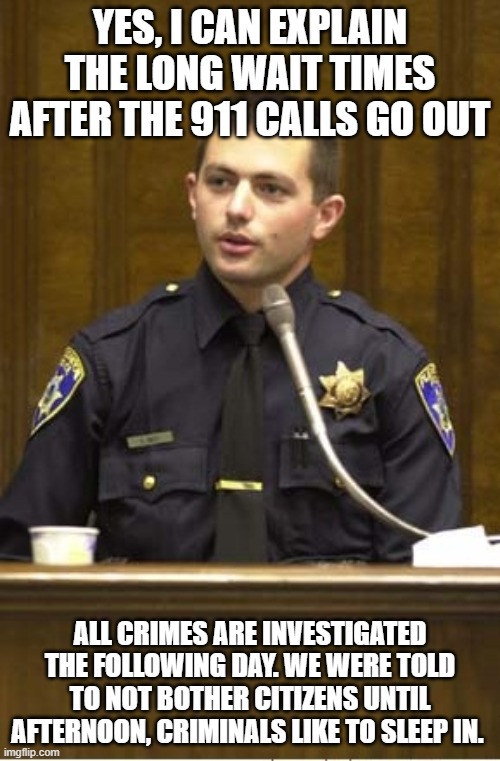 The future of law enforcement under Dims | YES, I CAN EXPLAIN THE LONG WAIT TIMES AFTER THE 911 CALLS GO OUT; ALL CRIMES ARE INVESTIGATED THE FOLLOWING DAY. WE WERE TOLD TO NOT BOTHER CITIZENS UNTIL AFTERNOON, CRIMINALS LIKE TO SLEEP IN. | image tagged in memes,police officer testifying,build back better,defunding caused this,truth,back the blue | made w/ Imgflip meme maker