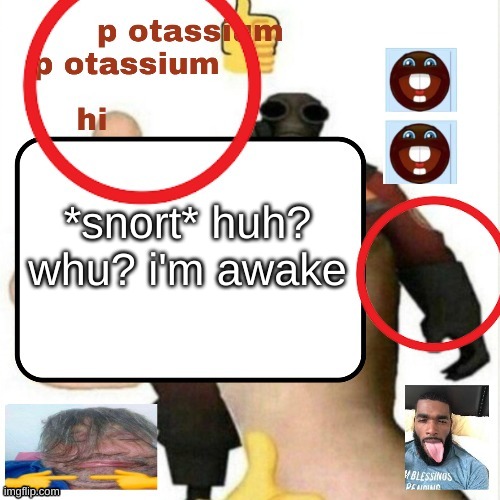 potassium announcement template | *snort* huh? whu? i'm awake | image tagged in potassium announcement template | made w/ Imgflip meme maker
