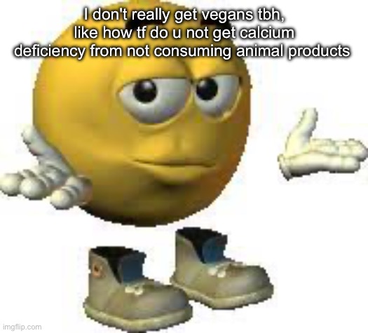 Like bro u prob gonna bump into someone and be bent like Hitler on those WWII propaganda posters | I don't really get vegans tbh, like how tf do u not get calcium deficiency from not consuming animal products | image tagged in emoji guy shrug | made w/ Imgflip meme maker
