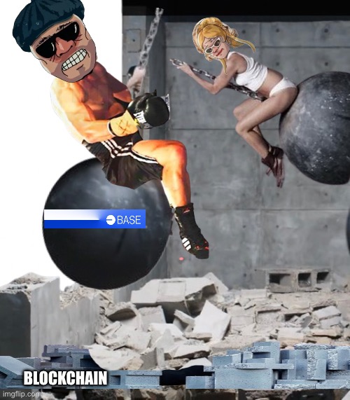 Riding Wrecking balls | BLOCKCHAIN | image tagged in crypto,miley cyrus,boomer,construction | made w/ Imgflip meme maker