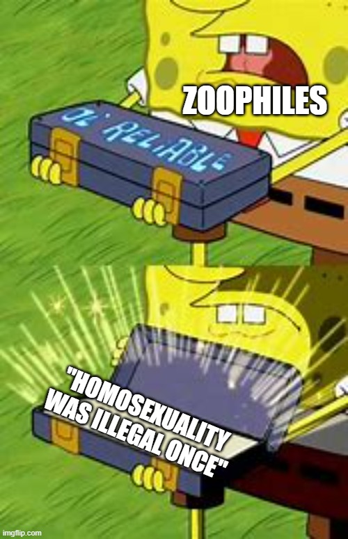 bro animals cant consent | ZOOPHILES; "HOMOSEXUALITY WAS ILLEGAL ONCE" | image tagged in old reliable | made w/ Imgflip meme maker