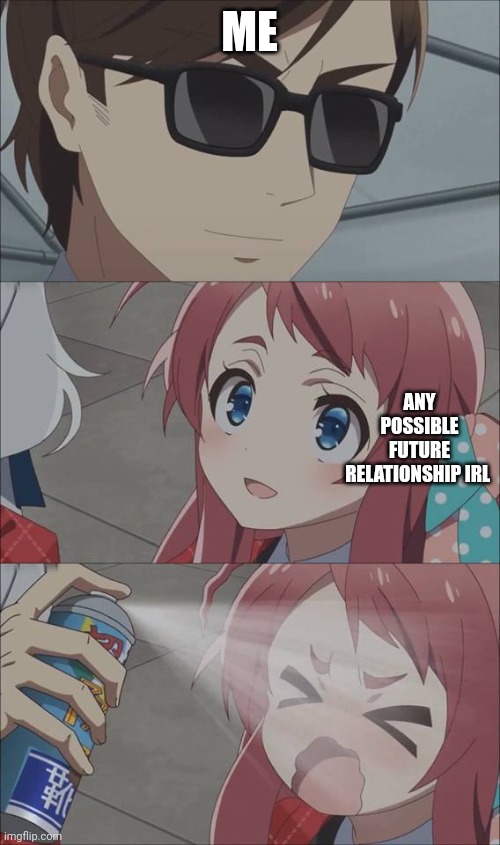 Anime spray | ME; ANY POSSIBLE FUTURE RELATIONSHIP IRL | image tagged in anime spray | made w/ Imgflip meme maker