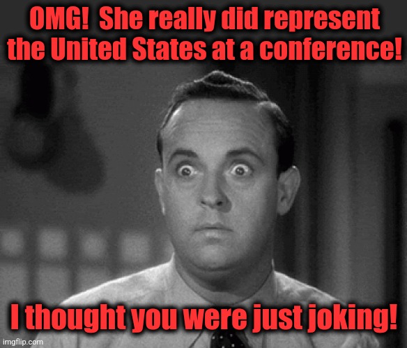 shocked face | OMG!  She really did represent the United States at a conference! I thought you were just joking! | image tagged in shocked face | made w/ Imgflip meme maker