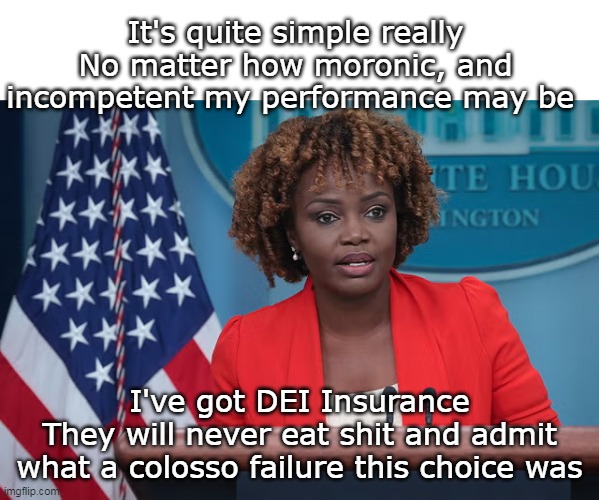 Same insurance Biden has from Kamala | It's quite simple really
No matter how moronic, and incompetent my performance may be; I've got DEI Insurance
They will never eat shit and admit what a colosso failure this choice was | image tagged in dei insurance meme | made w/ Imgflip meme maker