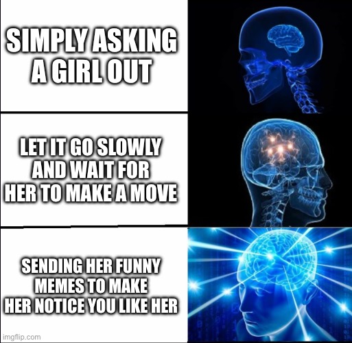 Galaxy Brain (3 brains) | SIMPLY ASKING A GIRL OUT; LET IT GO SLOWLY AND WAIT FOR HER TO MAKE A MOVE; SENDING HER FUNNY MEMES TO MAKE HER NOTICE YOU LIKE HER | image tagged in galaxy brain 3 brains | made w/ Imgflip meme maker