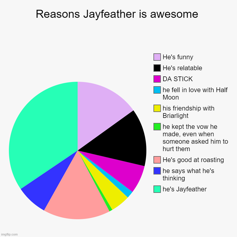 reasons jayfeather is the bast character | Reasons Jayfeather is awesome | he's Jayfeather, he says what he's thinking, He's good at roasting, he kept the vow he made, even when someo | image tagged in charts,pie charts | made w/ Imgflip chart maker