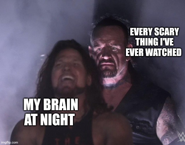 undertaker | EVERY SCARY THING I'VE EVER WATCHED; MY BRAIN AT NIGHT | image tagged in undertaker | made w/ Imgflip meme maker