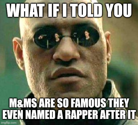 M&Ms | WHAT IF I TOLD YOU; M&MS ARE SO FAMOUS THEY EVEN NAMED A RAPPER AFTER IT | image tagged in what if i told you | made w/ Imgflip meme maker