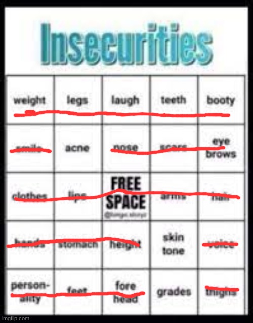 insecurities bingo | image tagged in insecurities bingo | made w/ Imgflip meme maker