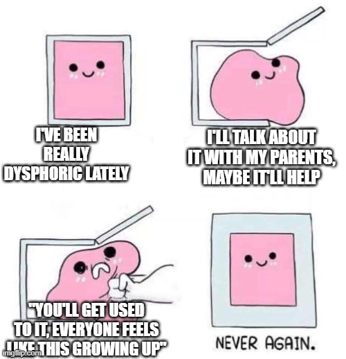 Pain. | I'VE BEEN REALLY DYSPHORIC LATELY; I'LL TALK ABOUT IT WITH MY PARENTS, MAYBE IT'LL HELP; "YOU'LL GET USED TO IT, EVERYONE FEELS LIKE THIS GROWING UP" | image tagged in never again,transgender | made w/ Imgflip meme maker